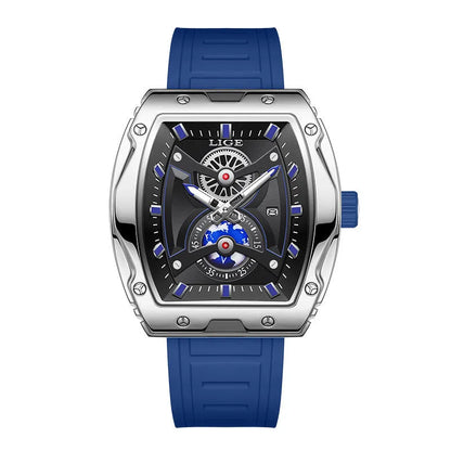 Men's tonneau watch with stainless steel case, silicone strap, and silver blue dial, 15mm thick.