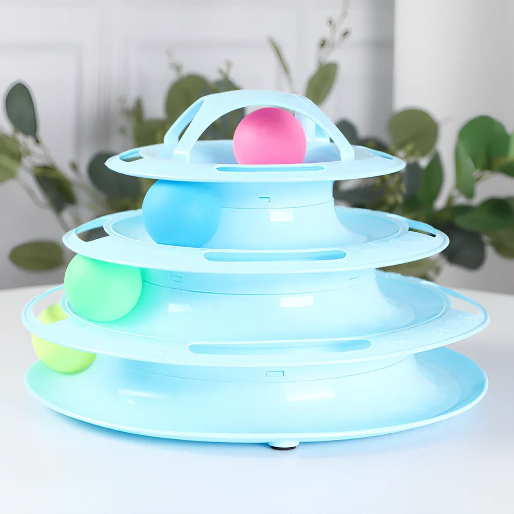 Circular tower track cat toy with rolling ball in blue and white colour option
