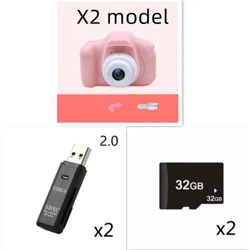 Colourful kids digital camera with silicone case showing 2-inch screen and lens.