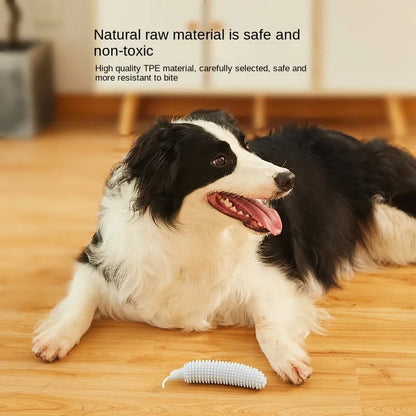 Green, pink, and purple cucumber-shaped durable dog chew toy for teething and training.