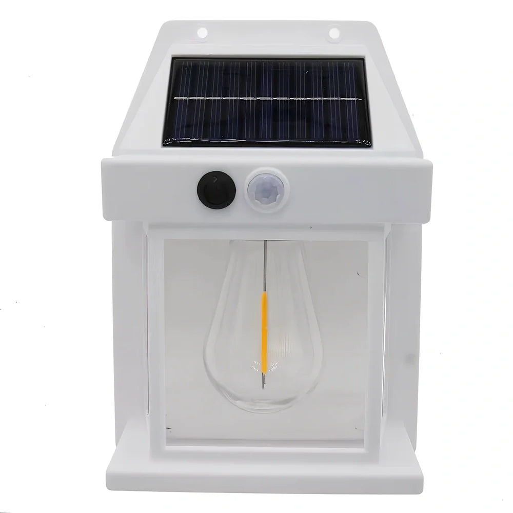 Black solar garden wall lamp with waterproof IP65 rating and automatic light sensor for outdoor installation