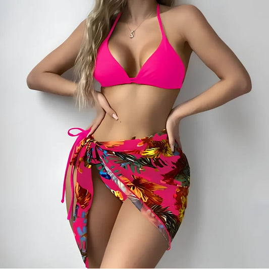 Women's three-piece swimsuit set with chest pad, panties, and yarn skirt in polyester fabric
