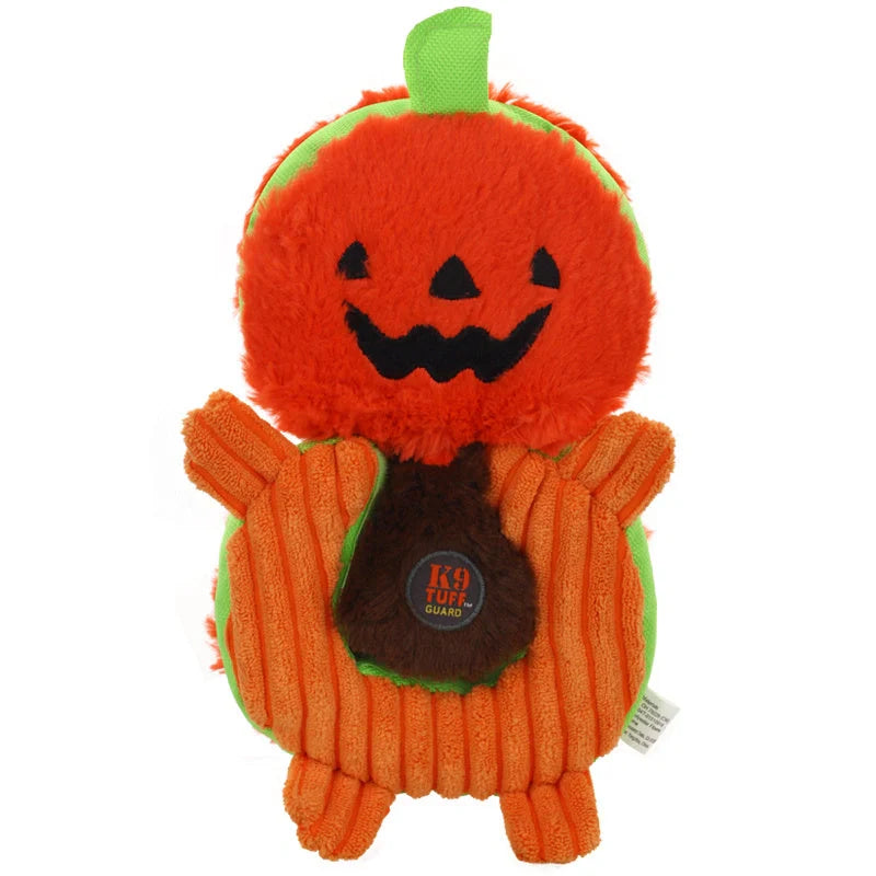 Halloween Witch Devil Pumpkin Pet Training Squeak Toys for Dogs in green, orange, and gray
