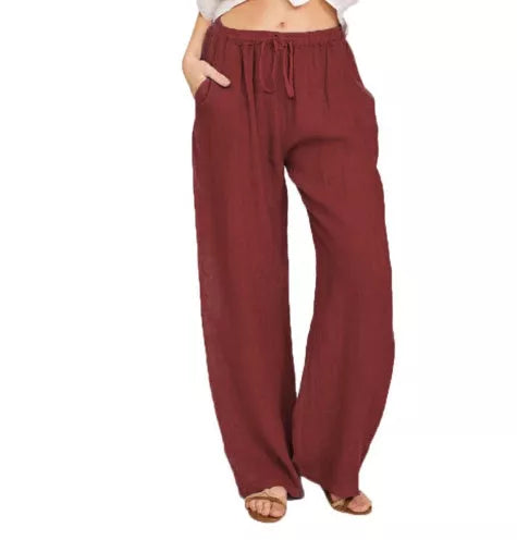 Women's high-waisted cotton-linen yoga pants with belt in various colors