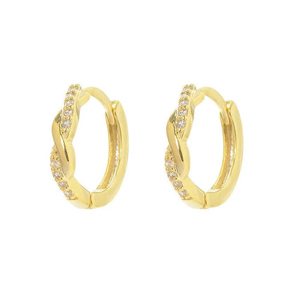 Gold geometric interwoven earrings with 1.5cm diameter hemp rope pattern and diamond-treated copper surface