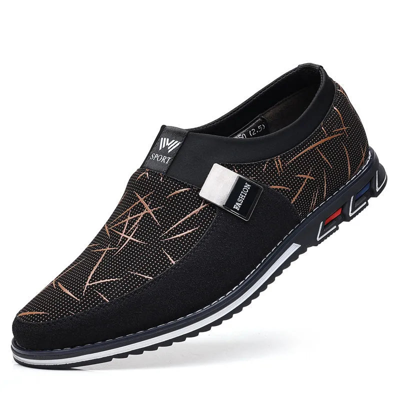 Men's grey and white synthetic leather casual shoes with square toe and flat rubber sole.