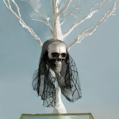 Foam Halloween skull hanging decor in purple with lace, 40 cm height for stage props