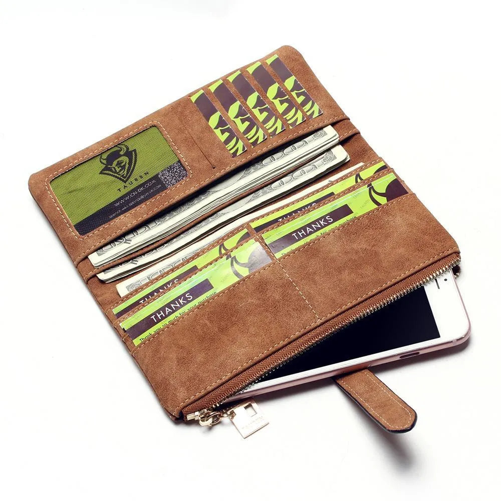 Korean-style retro matte leather long wallet in army green with zip closure and multiple interior card slots