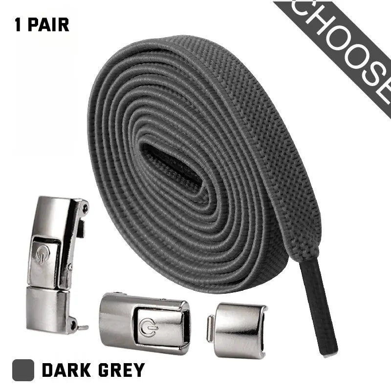 A pair of black widened flat elastic shoelaces with a silver press lock buckle on a white background.