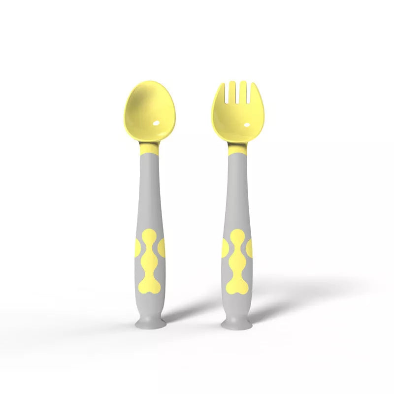 Adjustable baby spoon and fork set in blue, purple, pink, or yellow for easy self-feeding