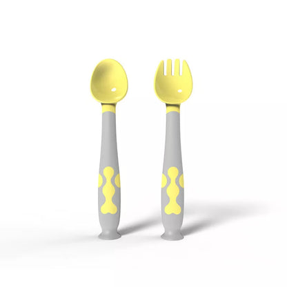 Adjustable baby spoon and fork set in blue, purple, pink, or yellow for easy self-feeding