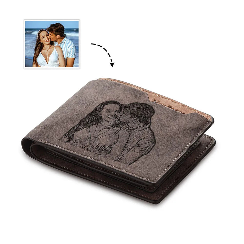 Coffee coloured engraved horizontal short wallet with photo personalisation, showing 120x99x25mm dimensions and 7-slot design