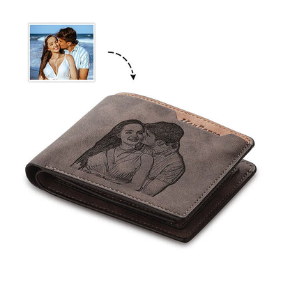Coffee coloured engraved horizontal short wallet with photo personalisation, showing 120x99x25mm dimensions and 7-slot design