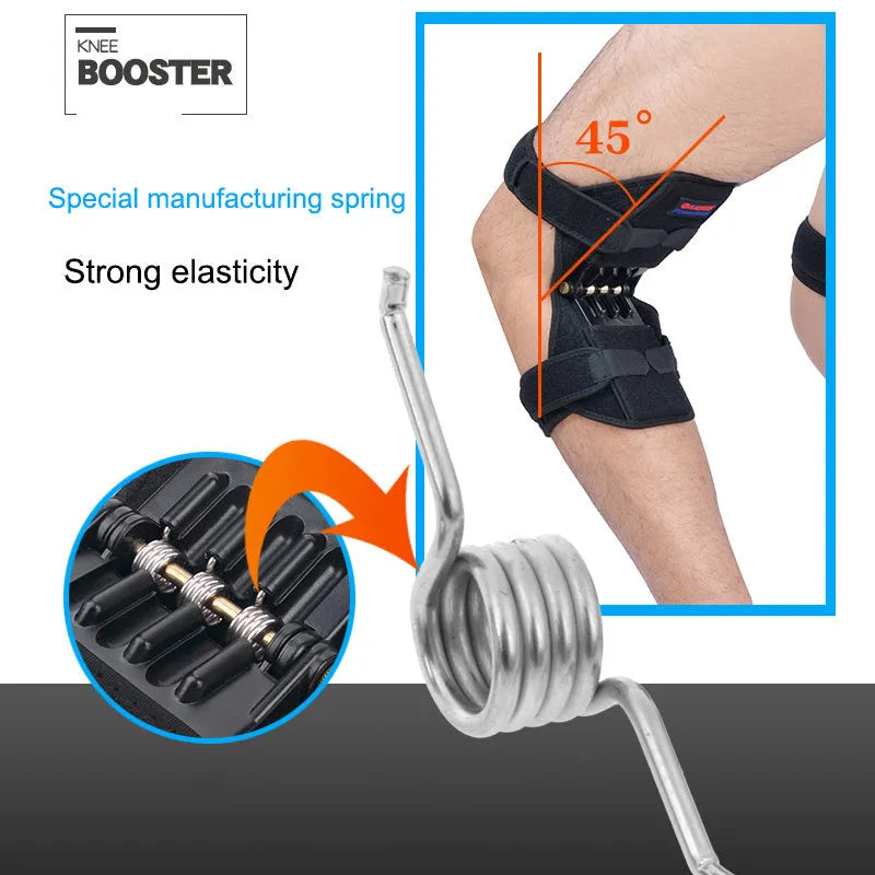 Adjustable spring knee brace for sports support in black, shown with straps.