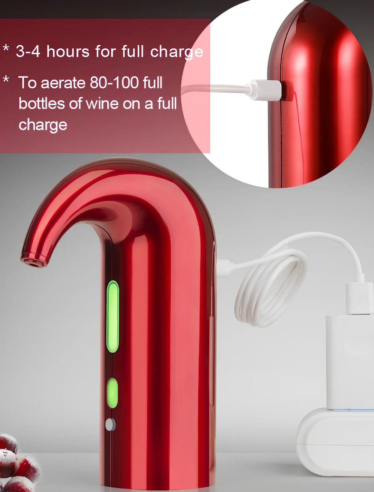 Black electronic wine aerator attached to red wine bottle, showing aeration pour in action, 24cm height device