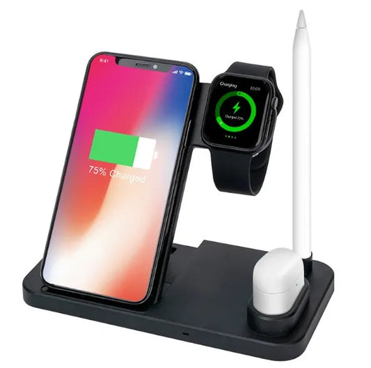4-in-1 wireless charging station with adjustable magnetic stand charging phone, watch, AirPods, and Apple Pencil