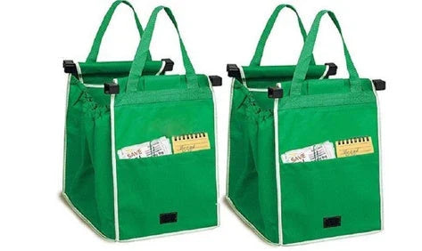 Foldable reusable grocery tote bag in green color, featuring durable construction, generous pockets, and a fold-flat design for easy storage