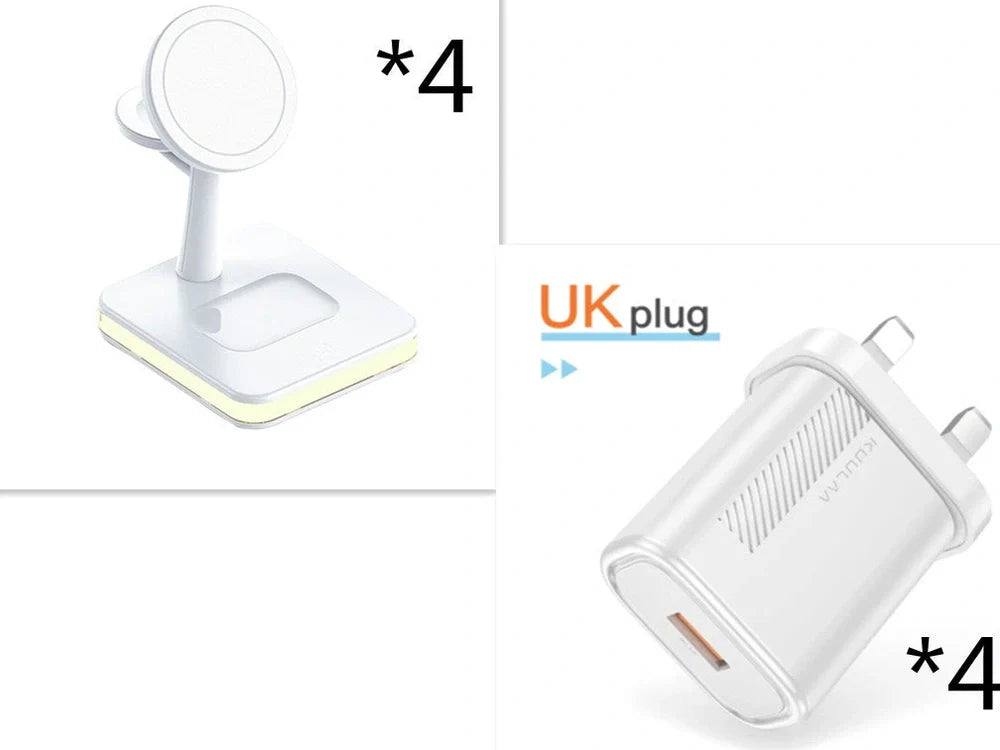Black three-in-one wireless charger magnetic bracket on a desk charging multiple devices