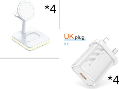 Black three-in-one wireless charger magnetic bracket on a desk charging multiple devices