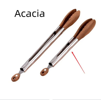 Stainless steel barbecue food tong with wood handle showing clamp mechanism and length measurement