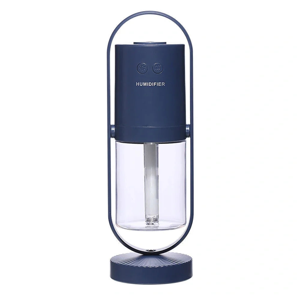 Portable USB humidifier with 200ml water tank in pink, blue, or white showing compact 70x66x213mm dimensions