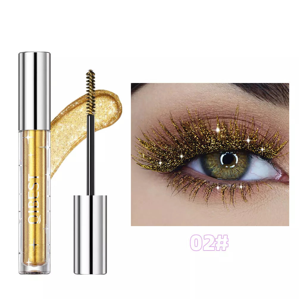 Violet Glitter Lash Mascara in gold, silver, and purple with quick-drying, waterproof formula