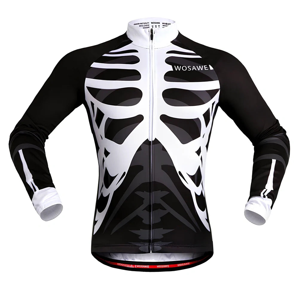 Long sleeve mountain bike cycling jersey in black white with breathable mesh underarms and reflective back for night rides, sizes S-XXL