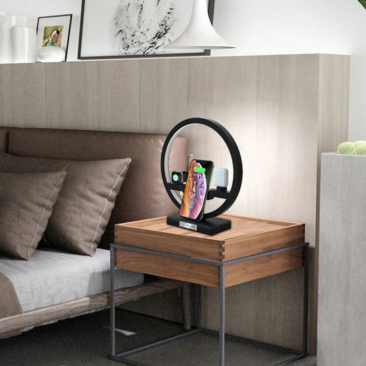 Sleek black bedside lamp with wireless charging pad for iPhone, AirPods, and Apple Watch