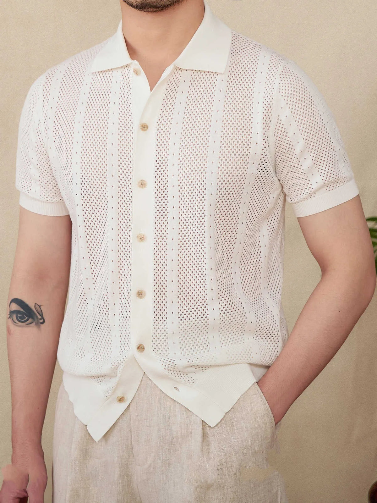 Men's creamy-white short sleeve lapel cardigan knitted casual shirt made from 100% cotton.
