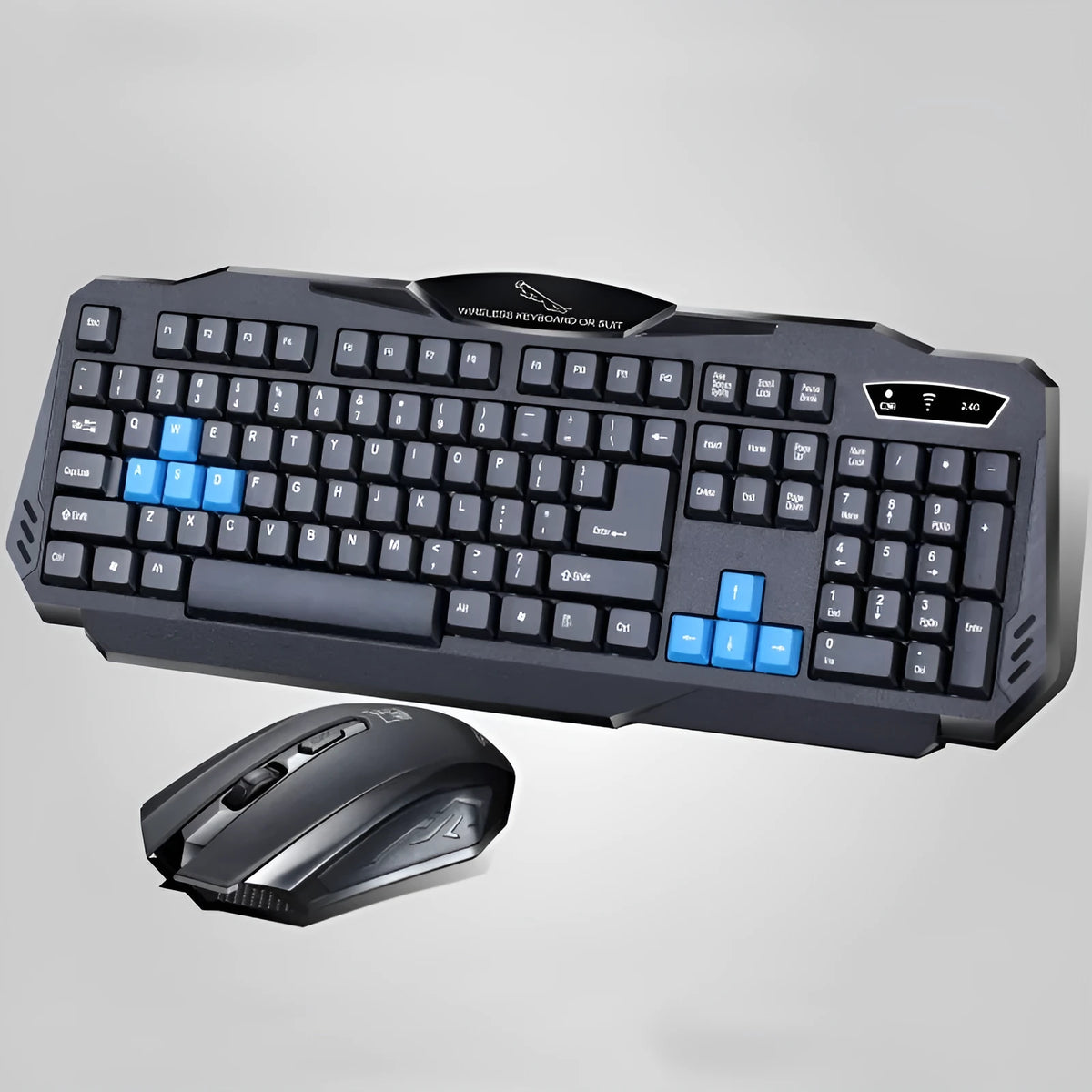 Black wireless keyboard and mouse combo set with USB receiver, ABS plastic, 12000 DPI optical mouse.