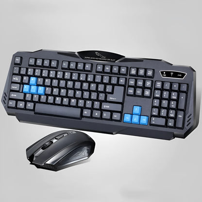 Black wireless keyboard and mouse combo set with USB receiver, ABS plastic, 12000 DPI optical mouse.
