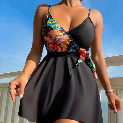 Black printed split style women's high waist briefs bikini for swimming and sports
