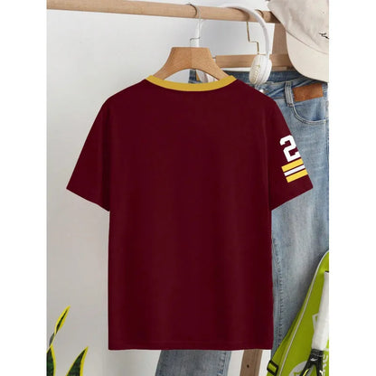 Man's loose-fit red cotton T-shirt with a digitally printed graphic design on the front.