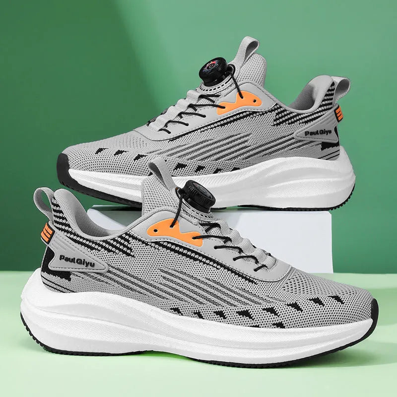 Men's casual sports running shoes with rotating buckle and Fly-kit mesh upper in low-top design, available in white green, grey, and black colours for universal sports use with round toe and flat heel, sizes 39 to 44.
