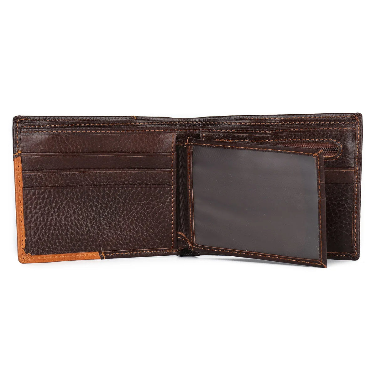 Leather wallet with personality stitching showing 3-fold design, internal compartments, and cowhide leather texture