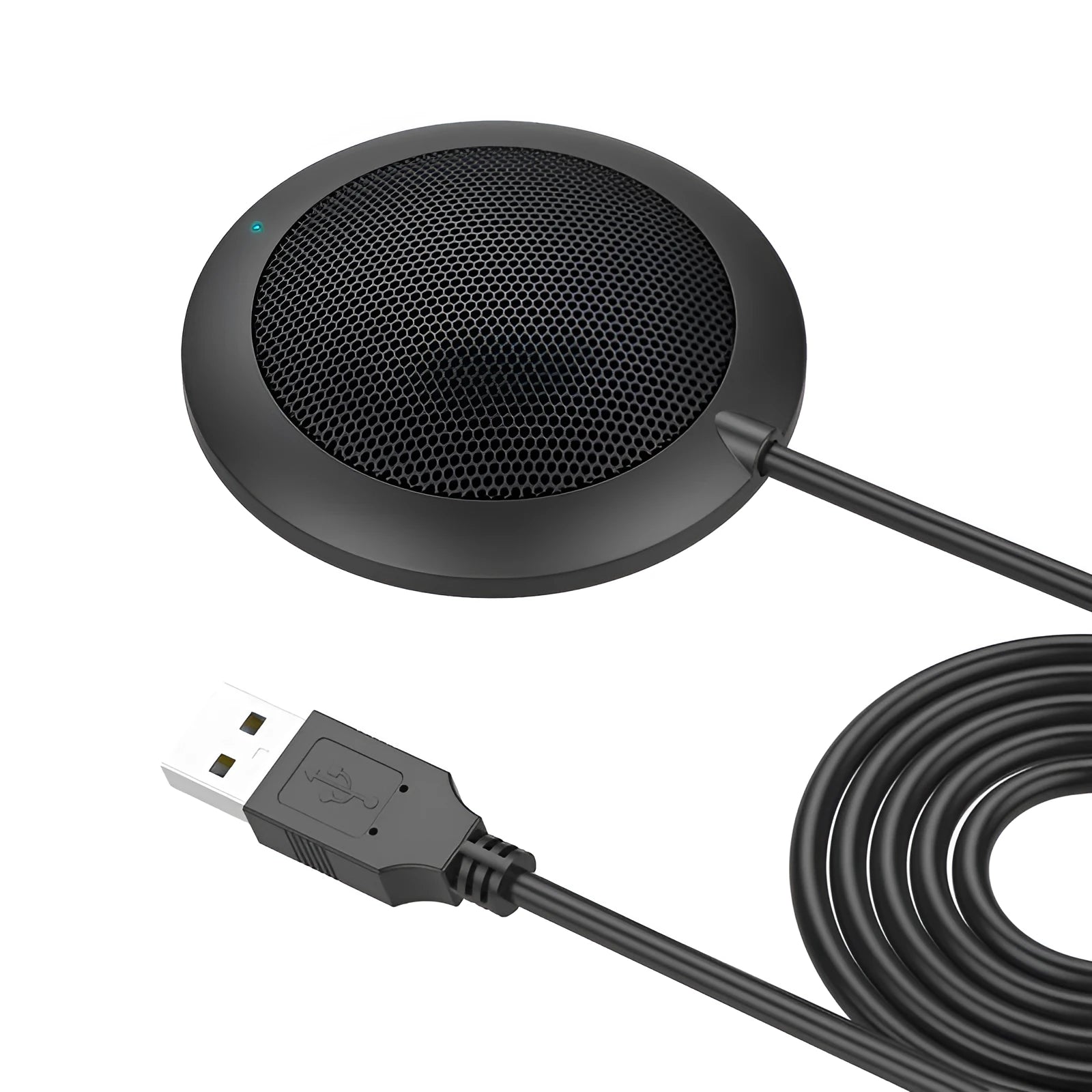 Black omnidirectional USB microphone with zinc alloy shell and metal mesh cover, 70mm diameter