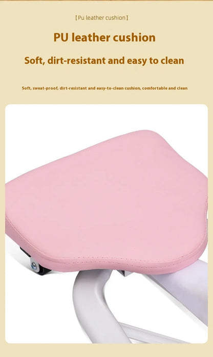 Steel-framed leg stretching equipment with foam padding in pink or blue, optional backrest version available