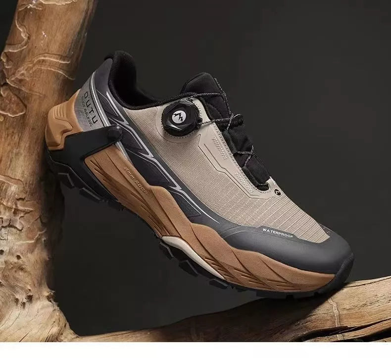 Outdoor mountaineering sneakers in black, camel, and silver with waterproof and breathable features