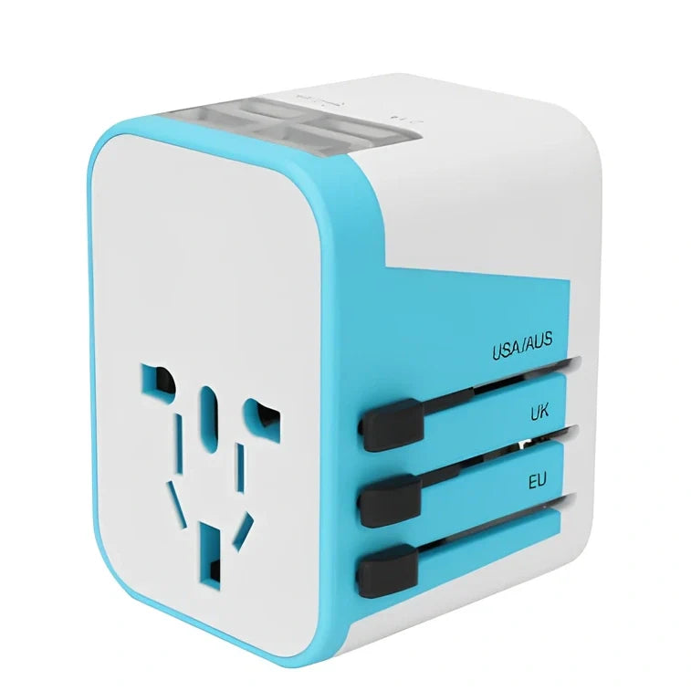 Black multi-country travel adapter 54x68x51mm with universal plugs for 2000W devices in 180 countries