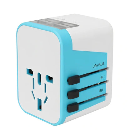 Black multi-country travel adapter 54x68x51mm with universal plugs for 2000W devices in 180 countries