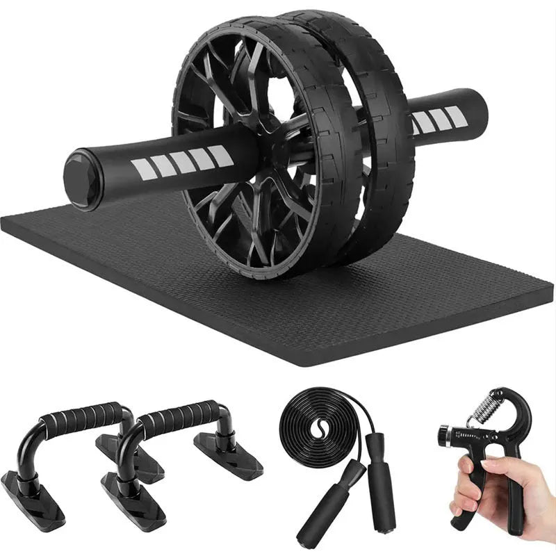 Indoor sports equipment push-up bracket with abdominal wheel attachment, 7-piece abdominal wheel set for fitness body shaping, available in red, green, black, and blue colour options.