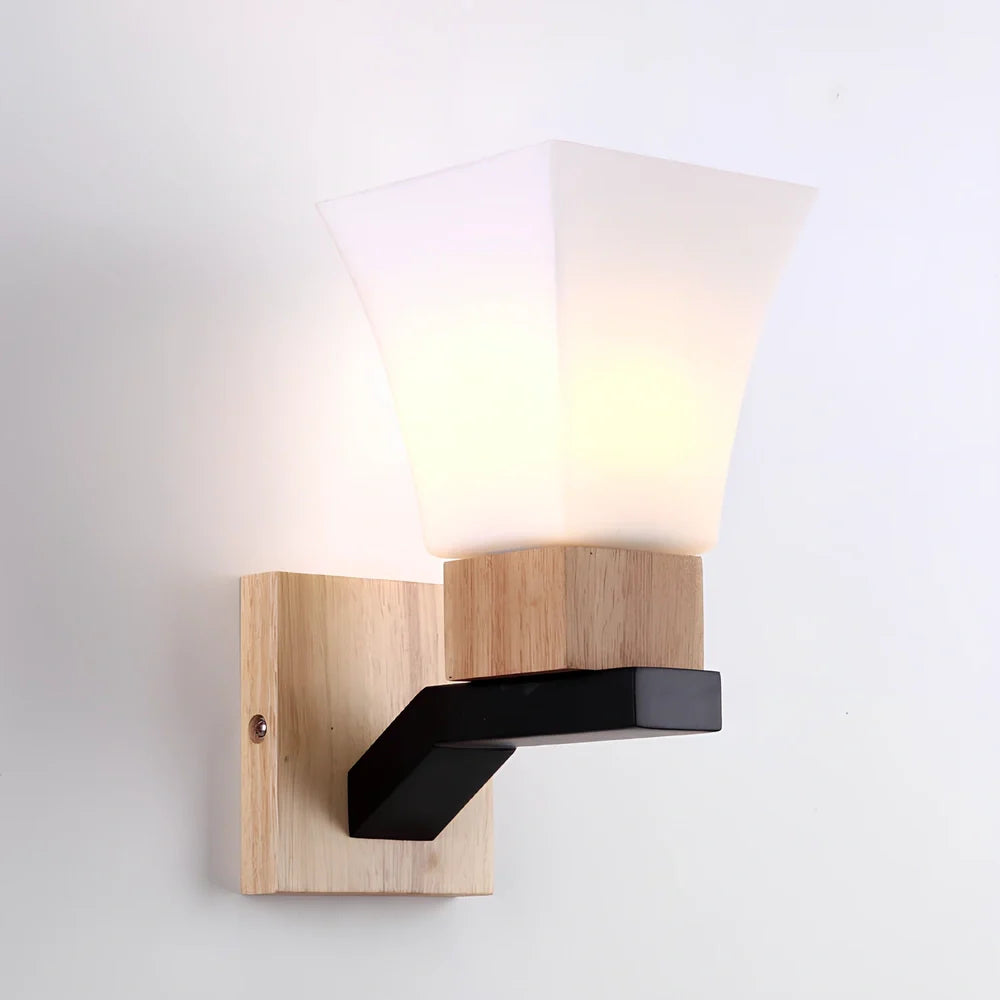 Solid wood table lamp with glass shade and wrought iron elements, 16cm height