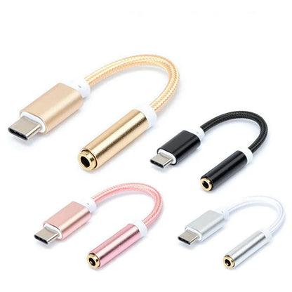 Weaving Type-C to 3.5mm audio adapter cable in four colour options showing connectors and nylon-braided 12cm cable