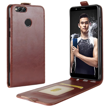 Honor 7X leather wallet phone case in business style with crazy horse pattern, shown in black.