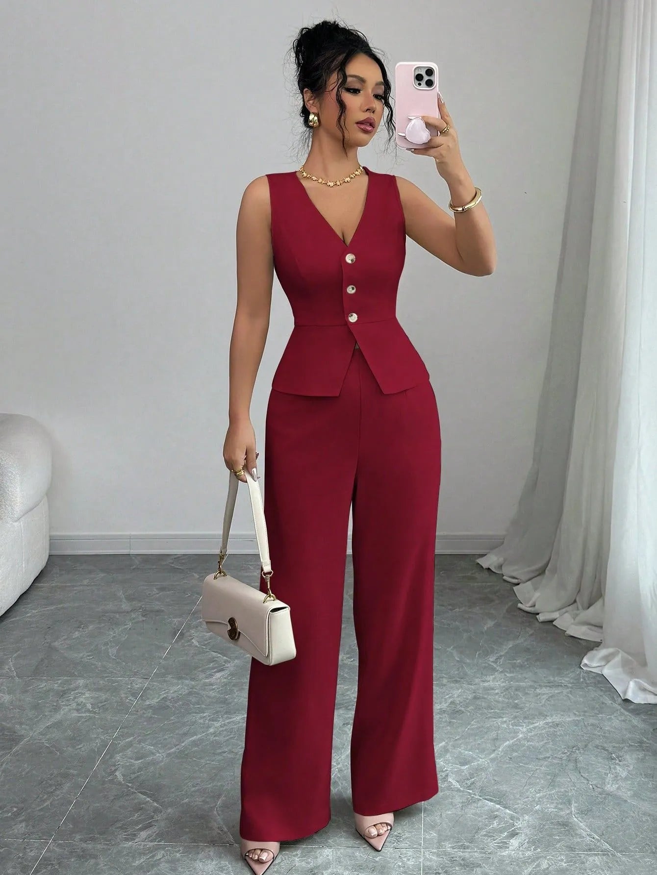 Women's sleeveless vest and high-waist trousers two-piece set in solid colour