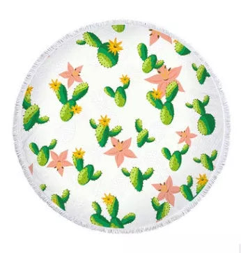 Round microfiber beach towel with cactus design, 60 inches in diameter