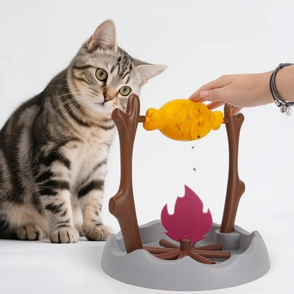 30x30x29cm cat toy with barbecue tumbling design and leakage food feeder mechanism made from ABS, PP and TPR materials