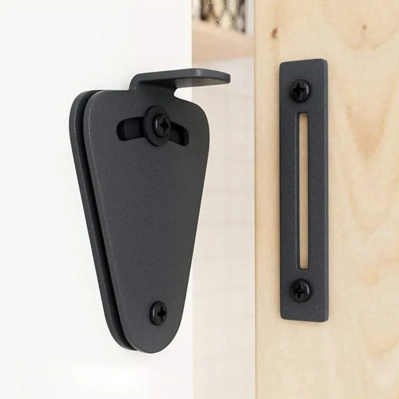 Black stainless steel sliding barn door lock with handle latch, shown in S and M sizes.