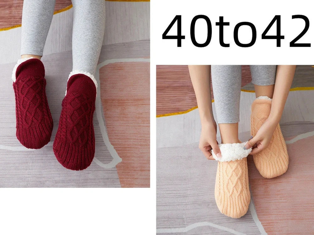 Winter woolen socks with V-opening design and anti-slip dots on soles in navy blue colour