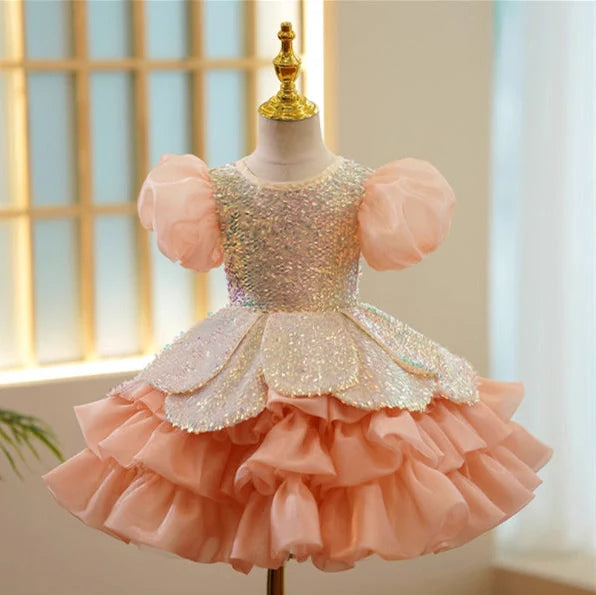Girls' orange sequin princess dress with puff sleeves, shown in seven height options from 100cm to 160cm